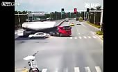 Cement Truck Overturns And Crushing Car, Like A Tin Can