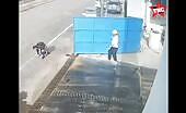 A passerby pushed over by an iron door