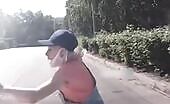 Running young lady pushed over via vehicle
