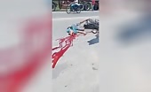 After a crash with a vehicle, the bicycle rider's cranium ruptured as well as