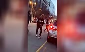 An angry guy smashes his opponent's automobile with stones uncen