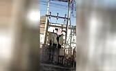Group views as laborer roasts on transformer