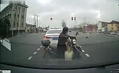 Dreadful force hitting an automobile into a motorcycle d.