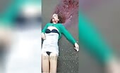 Tranny dead in the road with swimming pool of blood from head injury.