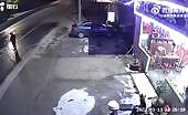 Car Hits Woman Cleaning Road